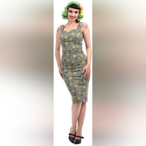 Collectif Black and White Gingham Midi Dress with Yellow Pineapples